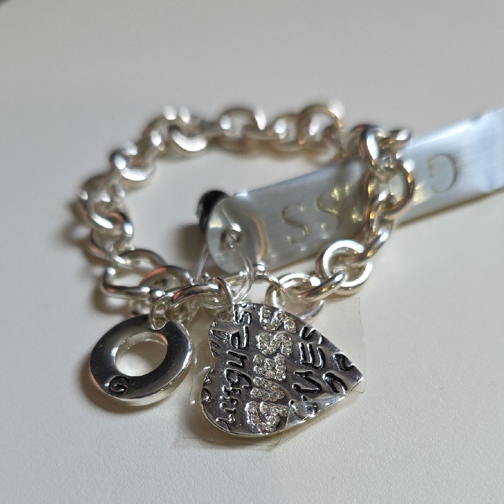 Guess Rhinestone Heart and Circle Charm Toggle Bracelet